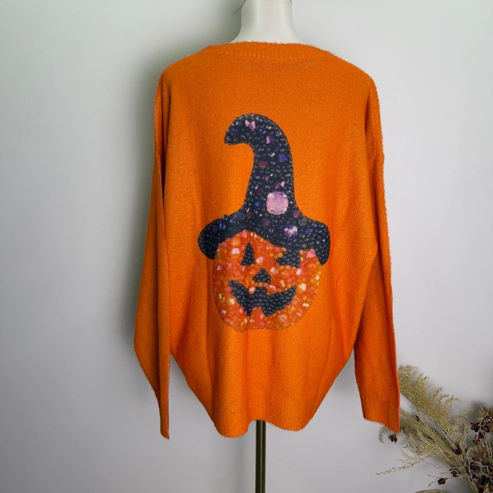 Halloween Witch Hat Pumpkin Knit Oversized Sweater Size L - Picture 4 of 6